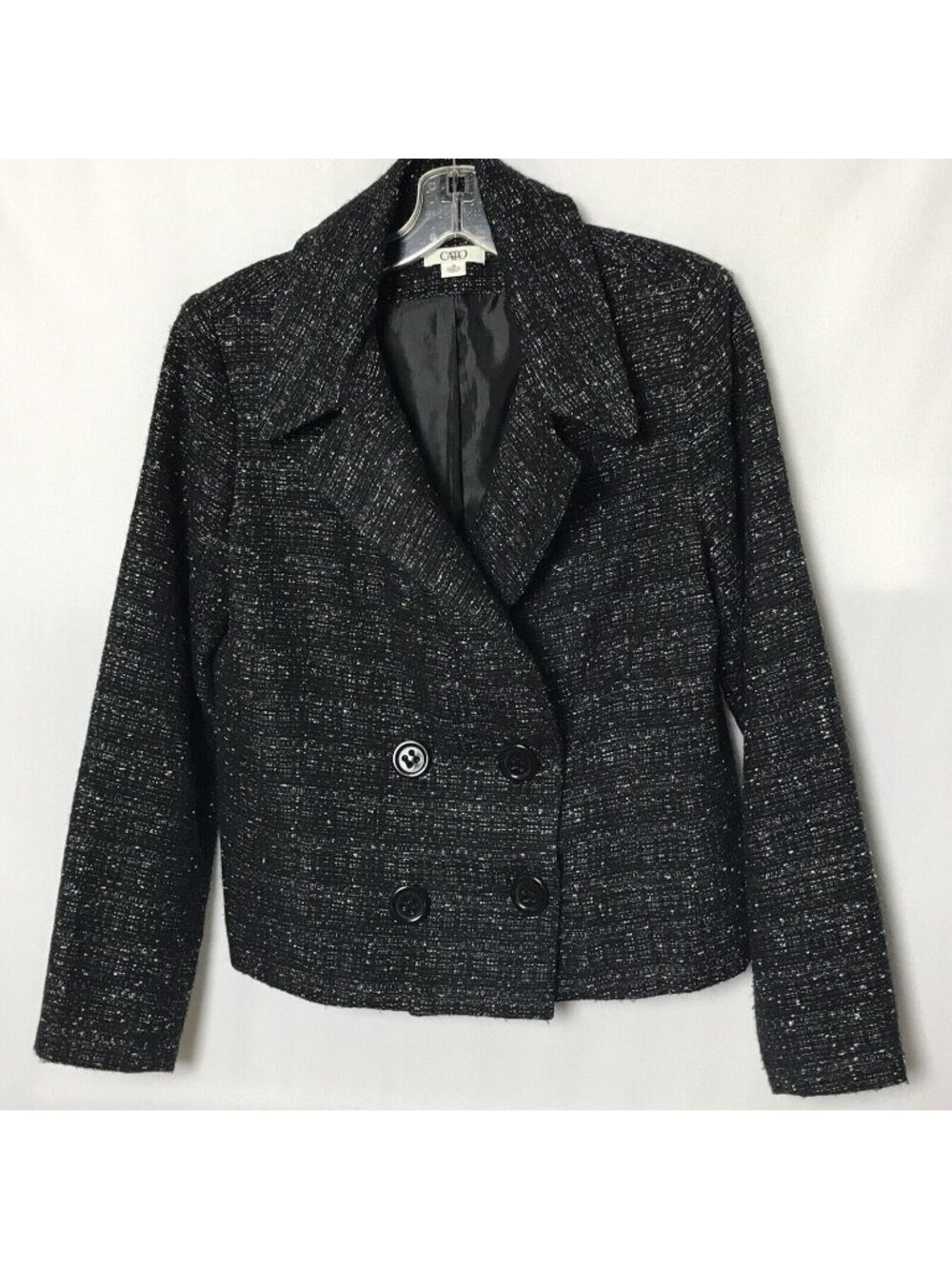 Vtg Cato Womens Blazer Sz 12 Black Silver Metallic Lined Double Breasted Tweed